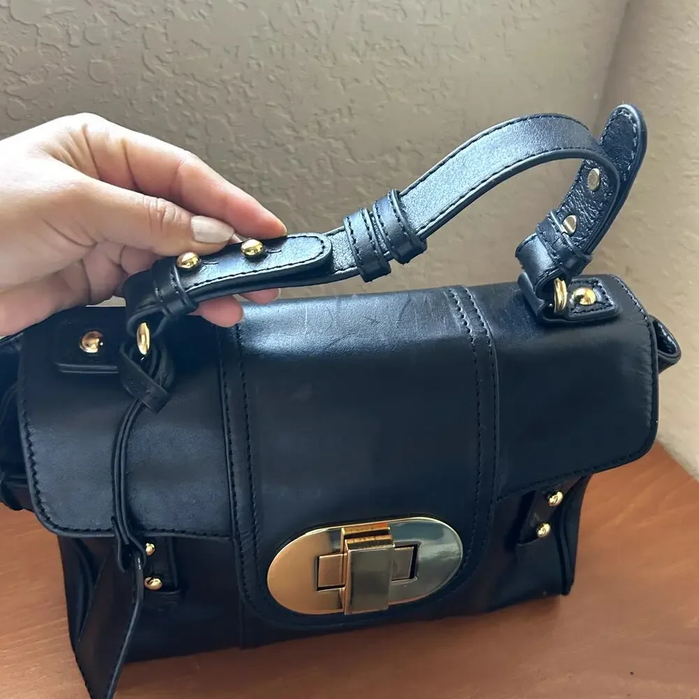Badgley Mischka Keyra Satchel Black Leather Gold Turnlock Classic Handbag